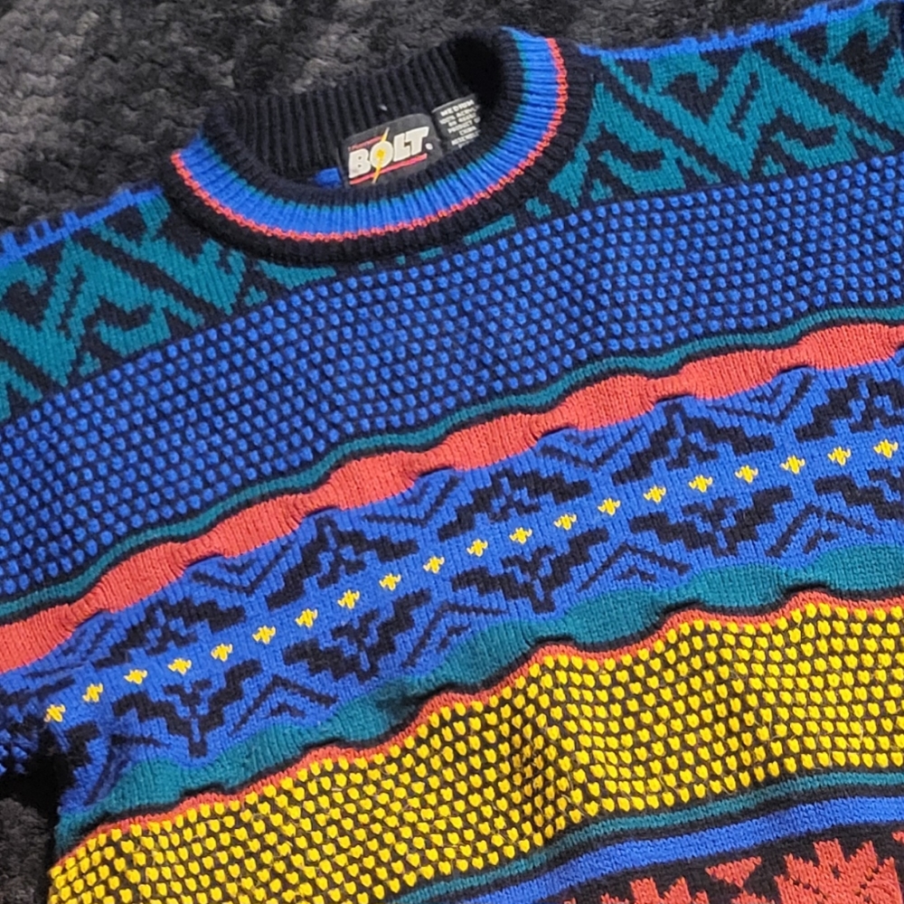 Vtg 1990s Bright Primary Color Geometric pullover sweater Lightning Bolt brand M